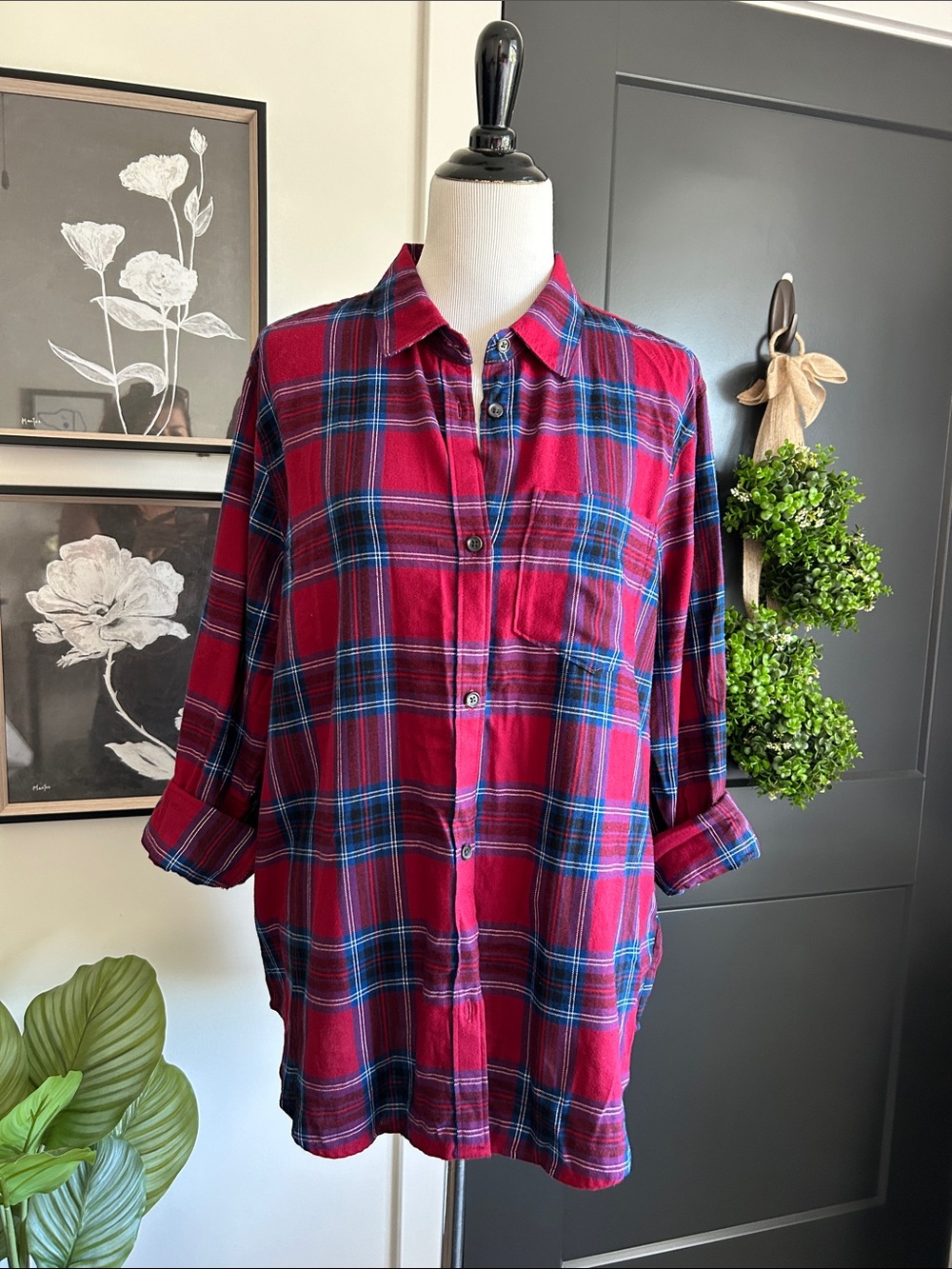 💜💙❤️ XL Classic cotton Red blue purple Plaid thin knit Button-Up Shirt
